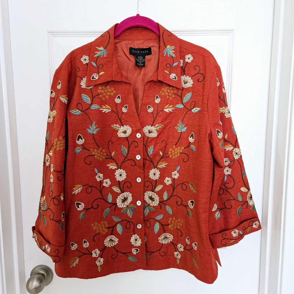 Silk Land Burnt Orange Floral Embroidered 100% Silk 3/4 Sleeve Light Jacket XL